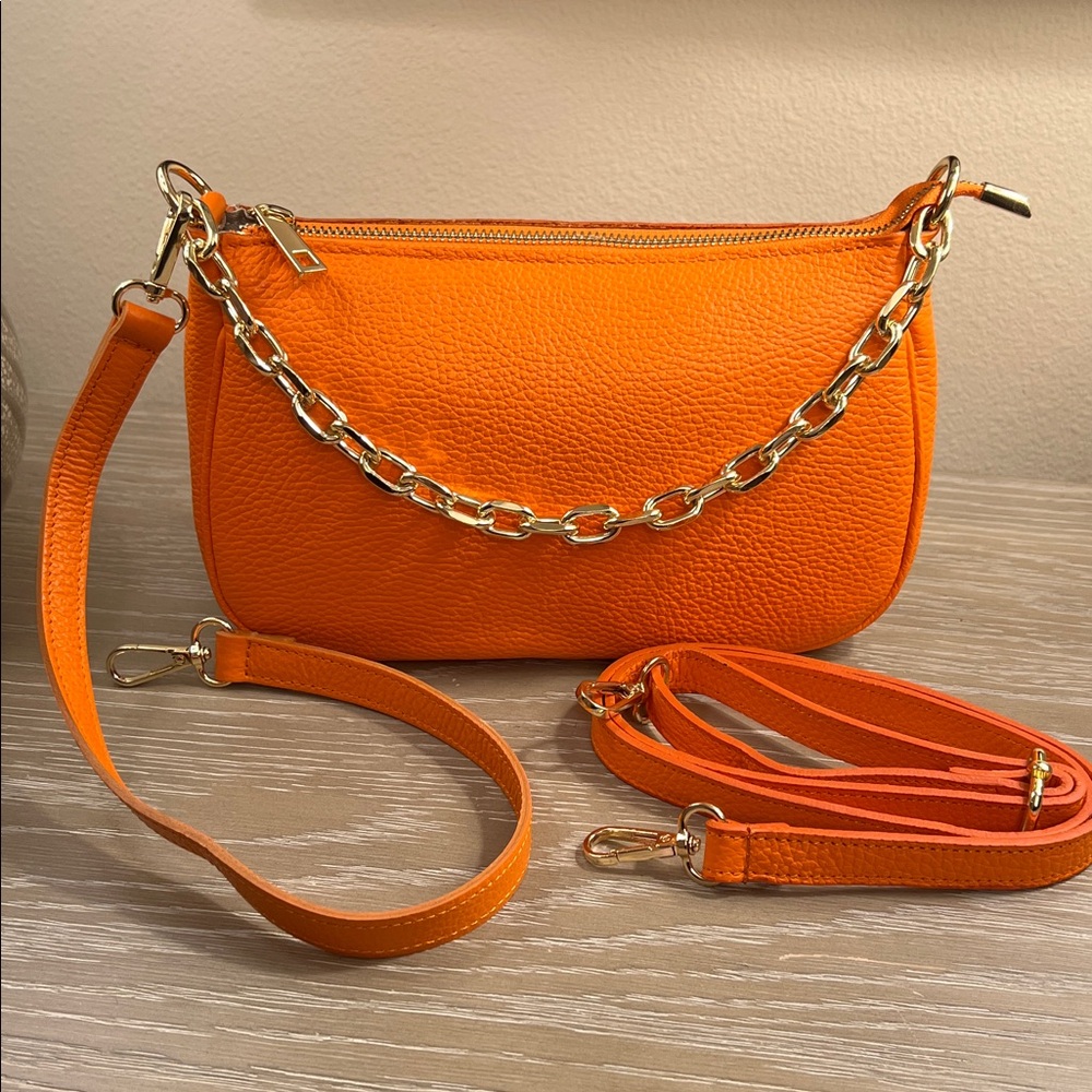 NWT, Vera Pelle Italian Leather Pouchette w/ Chic Chain Handle & Crossbody Strap